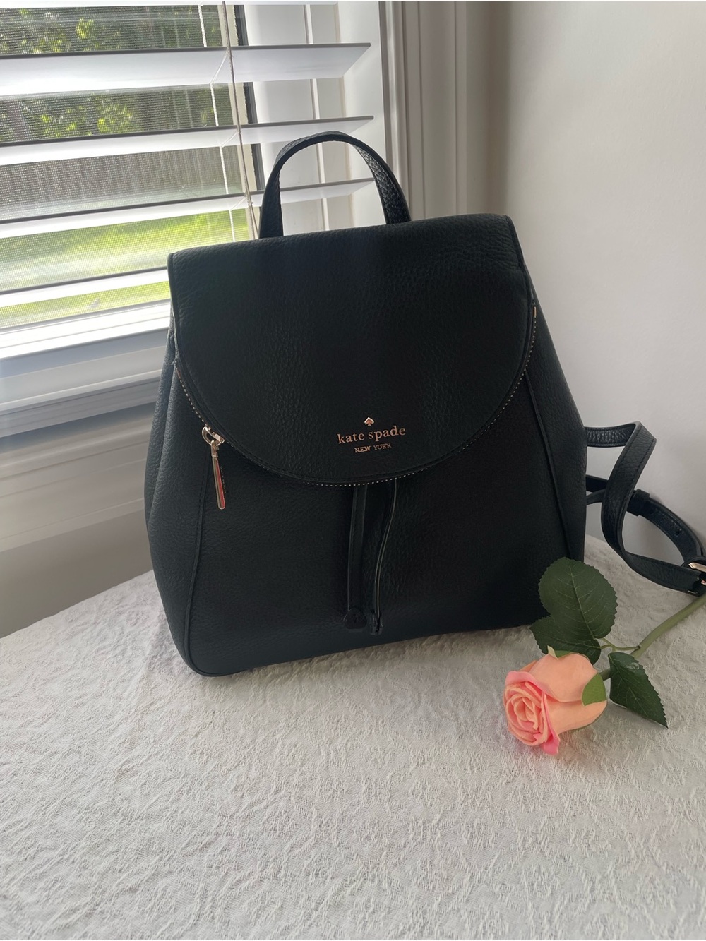 kate spade Black Pebbled Leather Drawstring Backpack